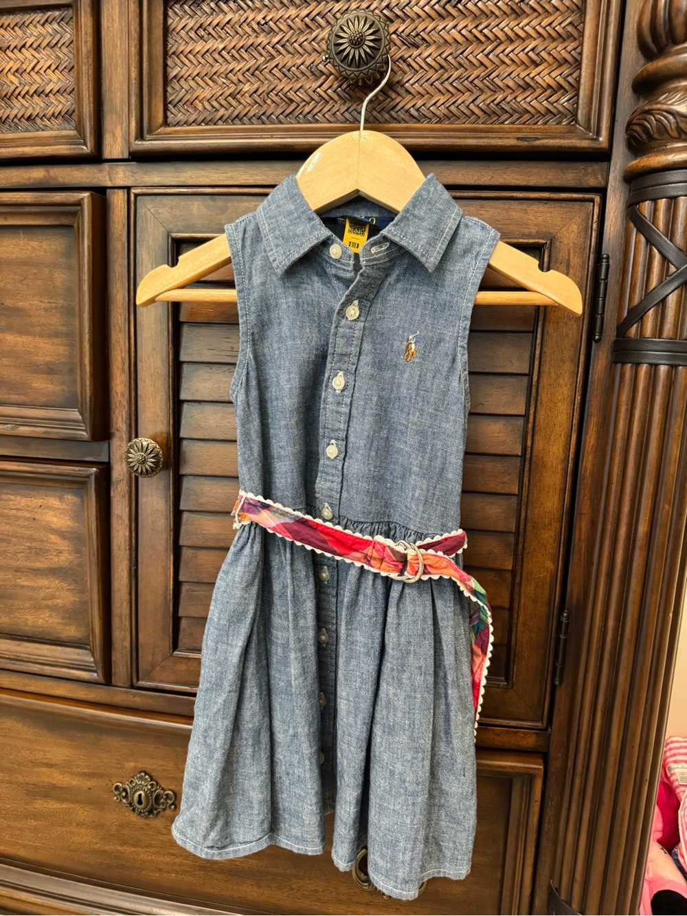 Ralph Lauren Blue Chambray Girls' Shirt Dress with Multicolor Belt
